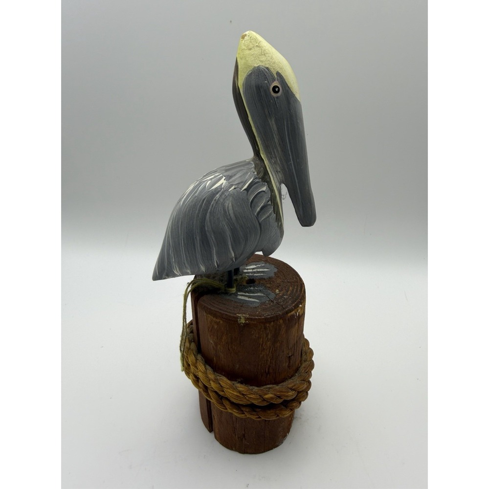 Gray Pelican Exotic Wood Hand Carved Hand Painted Wooden Pelican Statue